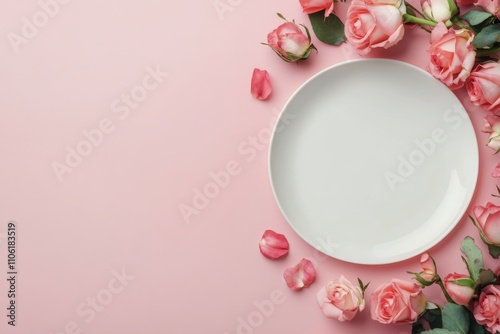 Beautiful table setting with white plate and pink roses on pastel background ...