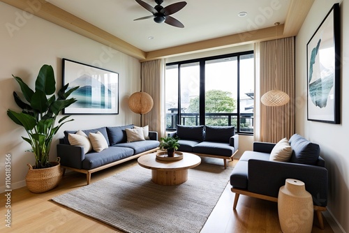 Japandi Style Modern Living Room with Comfortable Seating and Soothing Decor