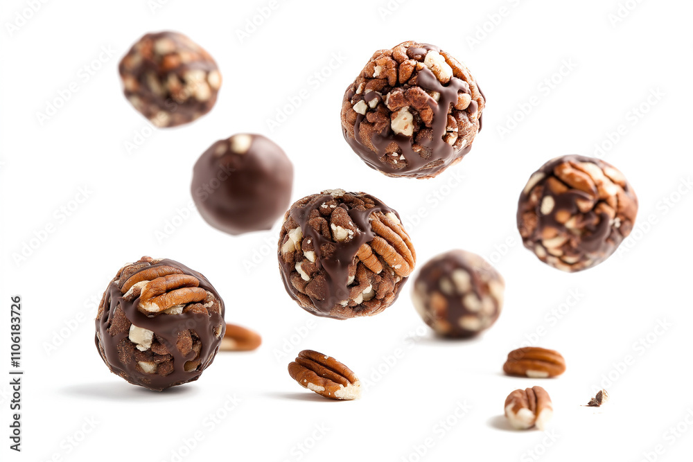 A Collection Of Pecan Balls With Chocolate And Pecan Nuts, Floating In The Air Against A White Background, Capturing A Free-Associative, Crispy Chocolate Texture, isolated A Collection Of Pecan Balls With Chocolate And Pecan Nuts, Floating In The Air Against A White Background, Capturing A Free-Associative, Crispy Chocolate Texture, isolated
