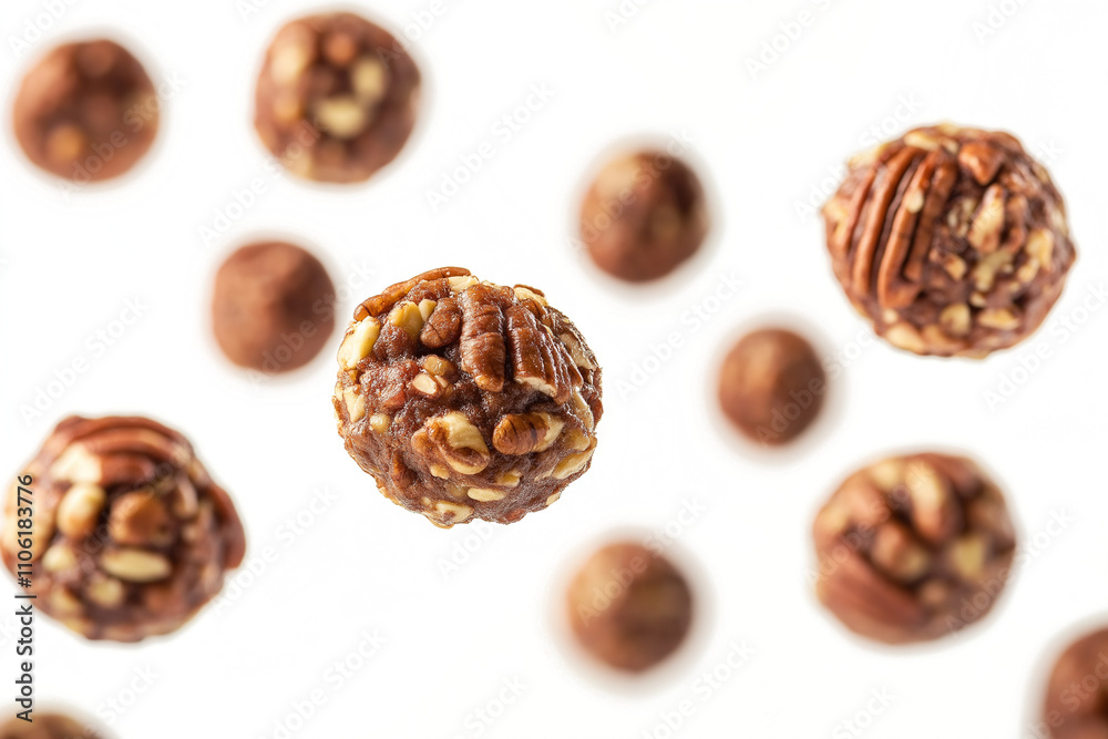 A Collection Of Pecan Balls With Chocolate And Pecan Nuts, Floating In The Air Against A White Background, Capturing A Free-Associative, Crispy Chocolate Texture, isolated A Collection Of Pecan Balls With Chocolate And Pecan Nuts, Floating In The Air Against A White Background, Capturing A Free-Associative, Crispy Chocolate Texture, isolated
