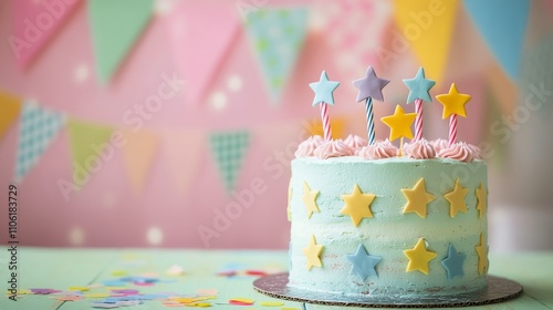 Colorful birthday cake with stars at a festive celebration backdrop
