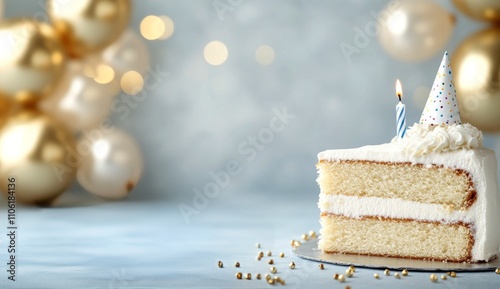 Celebration with a white cake, golden balloons, and bright decor for a specia...