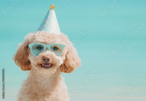 Dog in party hat and sunglasses enjoying a sunny day at the beach