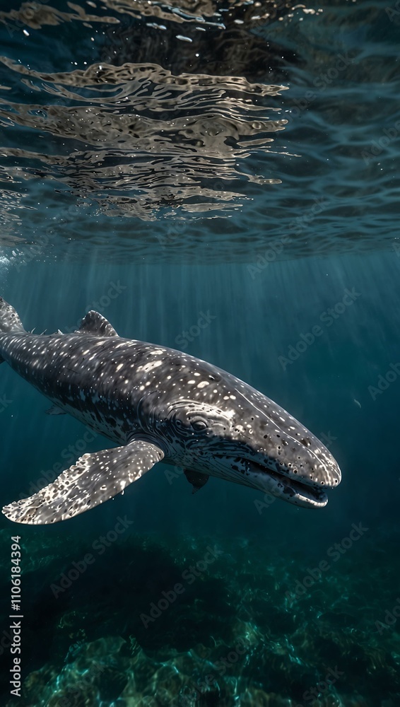 Fototapeta premium Gray whale spyhopping in Baja, Mexico's depths.