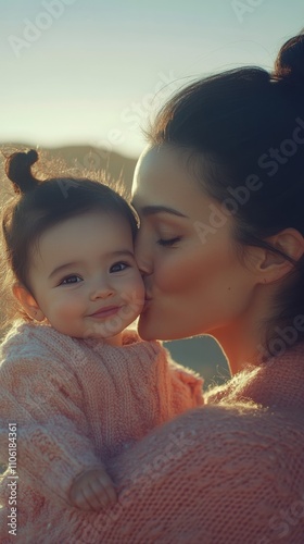 Mother and daughter share a tender moment in soft sunlight during a cozy indo...