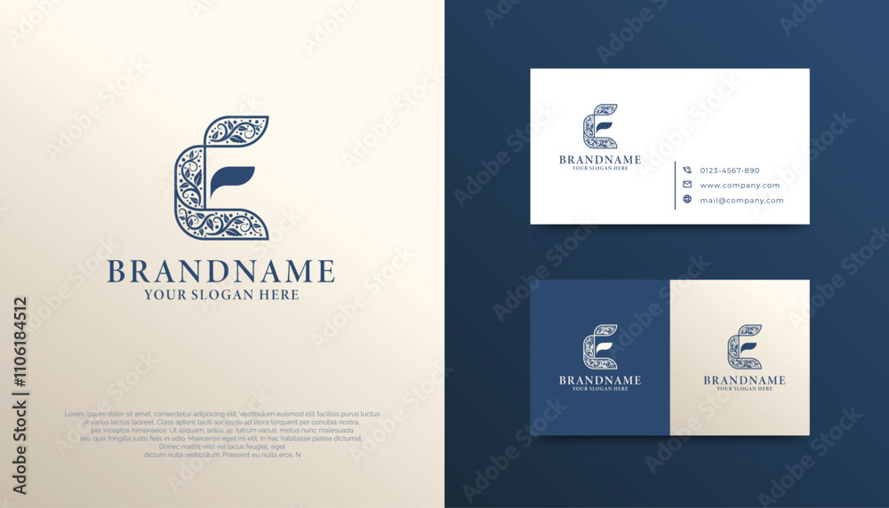 Fototapeta premium Elegant Letter E Logotype, with intricate floral patterns and a minimalist leaf, symbolizing elegance, growth, and sustainability