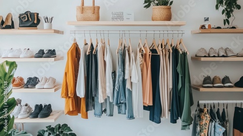 Colorful clothing displayed in a bright boutique with cozy decor and natural lighting