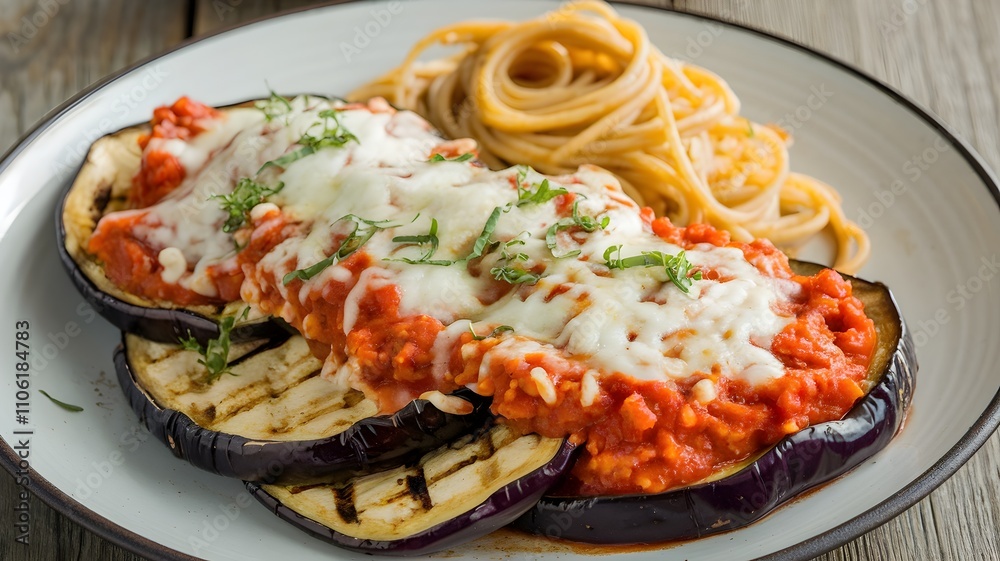 Roasted and grilled eggplant with tomato sauce and spaghetti Roasted and grilled eggplant with tomato sauce and spaghetti