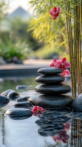 Relaxing spa setting with stacked stones and orchids in tranquil water
