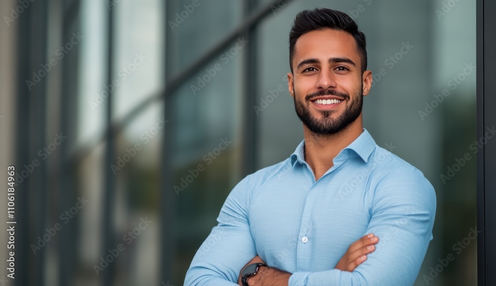 Confident man enjoying city life while standing in front of tall buildings on a sunny day Confident man enjoying city life while standing in front of tall buildings on a sunny day