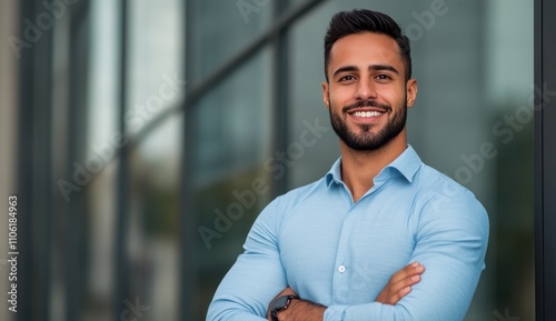 Confident man enjoying city life while standing in front of tall buildings on...