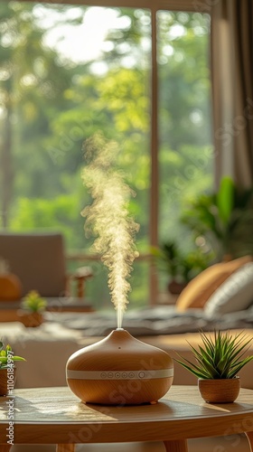 Relaxing indoor atmosphere created by essential oil diffuser in a cozy living...