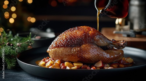 Succulent roast duck with fresh fruits and savory glaze on a black plate