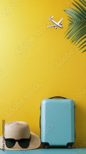 Luggage and travel accessories placed against vibrant yellow wall ready for s...