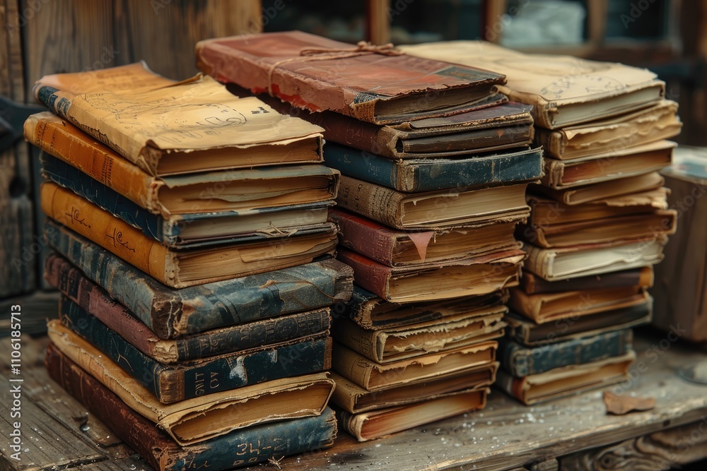 A Stack of Old and Worn Books on a Wooden Surface A Stack of Old and Worn Books on a Wooden Surface