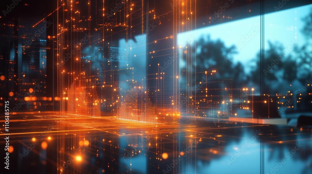 Fototapeta premium A high-tech meeting room with a glass surface showcasing zoomed-in digital charts for business planning and market analysis.