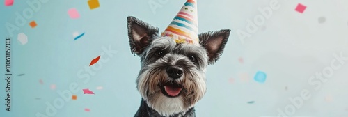 Happy dog wearing a party hat celebrating with colorful confetti in a festive...