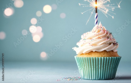 Celebrating a birthday with a sparkling cupcake topped with frosting and a ca...