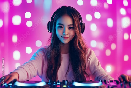 Young female DJ performing in vibrant club atmosphere with colorful lights