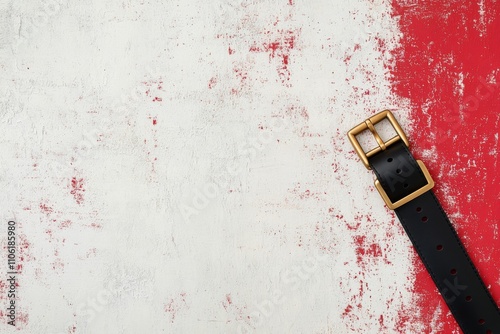 Black leather belt placed against a textured red wall showcasing modern desig...