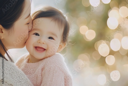 Mother and baby sharing a tender moment with cheerful expressions indoors