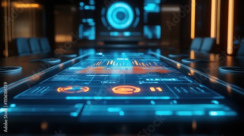 Wallpaper Mural A high-tech meeting room with a glass surface showcasing zoomed-in digital charts for business planning and market analysis. Torontodigital.ca