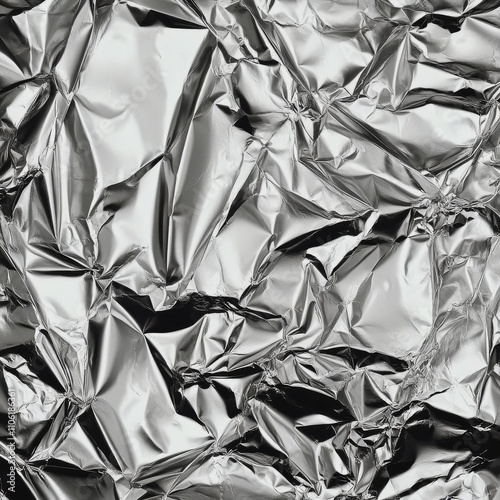 Crumpled metallic foil surface creating reflections and textures in bright light