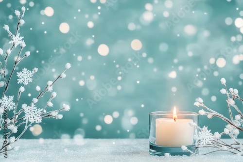 Winter decoration with frosty branches and glowing candle on a blue background