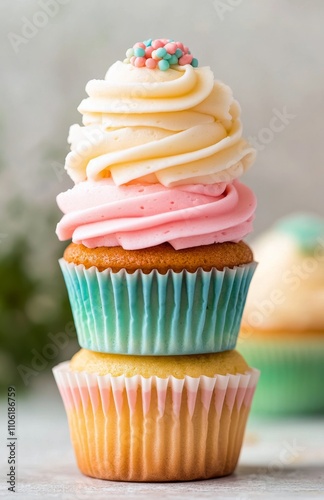 Colorful cupcakes stacked with frosting and sprinkles on a pastel background