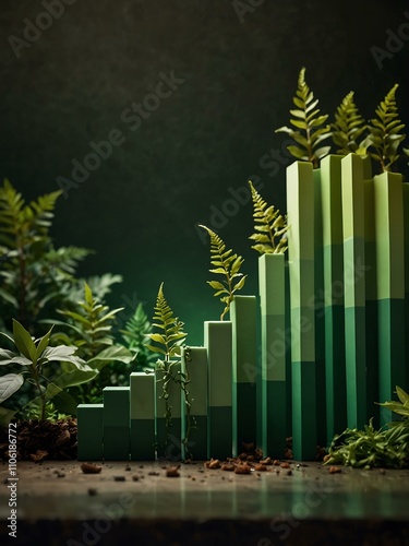 Green bar graph amid lush foliage representing eco-friendly growth.