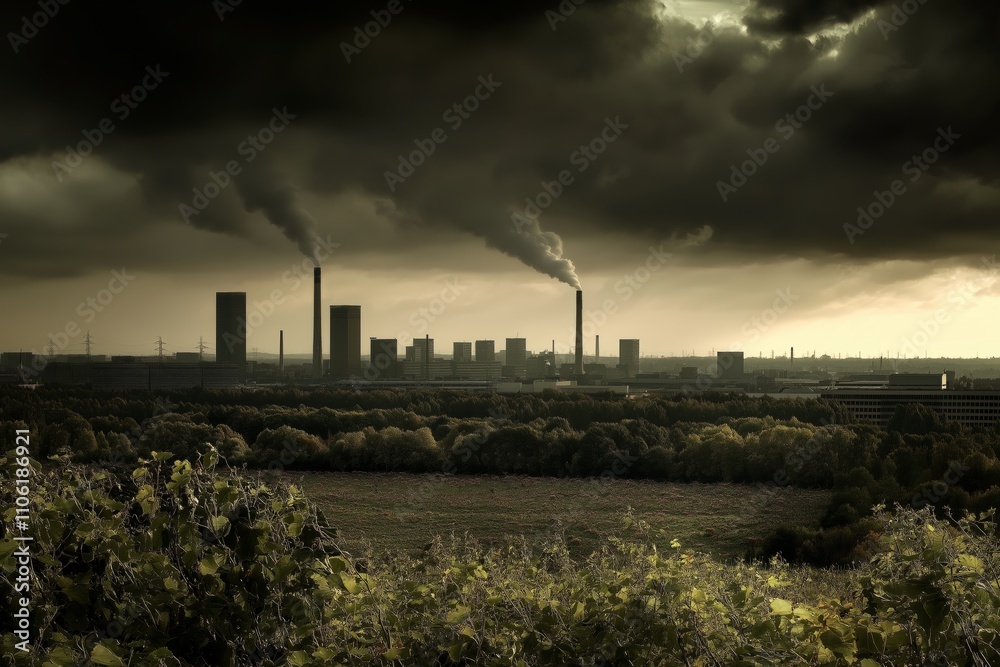 Factory emitting plastic production waste against a stormy sky Factory emitting plastic production waste against a stormy sky