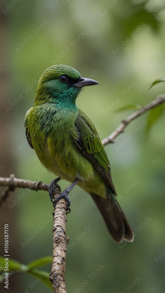Green bird perched on a branch with a blurred nature background. Green bird perched on a branch with a blurred nature background.