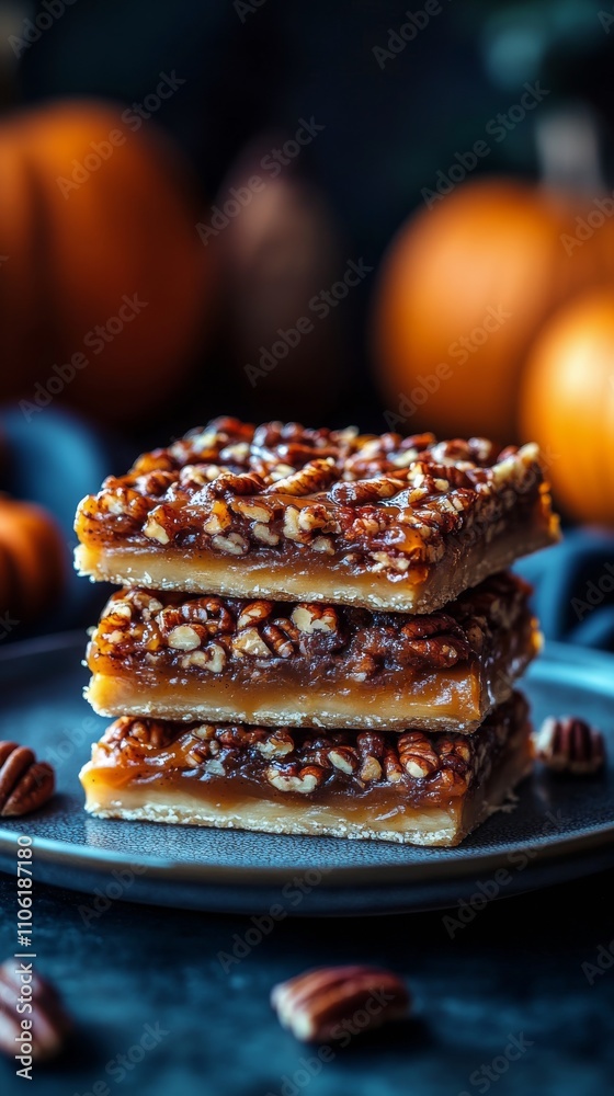 Pecan treats with caramelized topping on a decorative plate surrounded by pumpkins