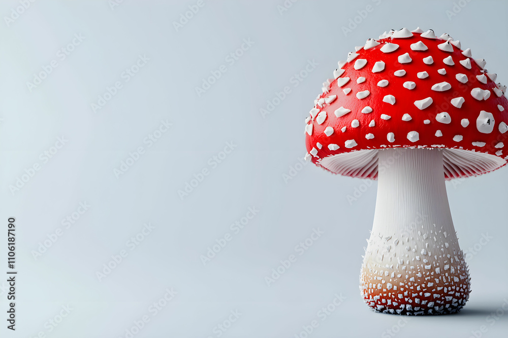 Vibrant Red and White Mushroom with Textured Surface Against a Minimalist Background, Evoking Nature's Beauty and Whimsy in a Serene Setting Vibrant Red and White Mushroom with Textured Surface Against a Minimalist Background, Evoking Nature's Beauty and Whimsy in a Serene Setting
