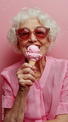 Elderly woman enjoying pink ice cream on a colorful background in bright summ...
