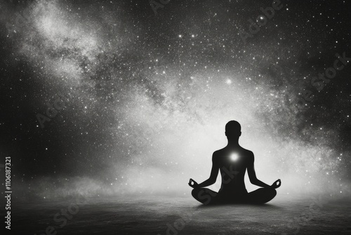 Meditating person surrounded by cosmic elements and chakra alignment in a tra...