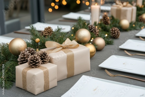 Holiday table setting with festive decorations and gift boxes ready for celeb...