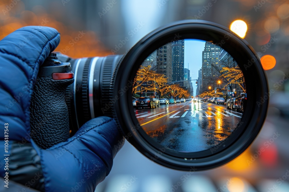 Camera Lens Capturing a Wet City Street at Dusk Camera Lens Capturing a Wet City Street at Dusk