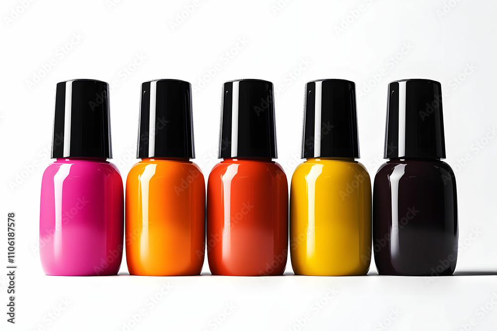 Five Vibrant Nail Polish Bottles in Various Colors Displayed on a Bright Surface with Elegant Shadow Play, Perfect for Beauty and Cosmetic Themes Five Vibrant Nail Polish Bottles in Various Colors Displayed on a Bright Surface with Elegant Shadow Play, Perfect for Beauty and Cosmetic Themes