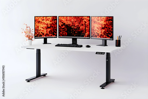 Modern ergonomic workspace featuring a height-adjustable desk, triple monitor setup with vibrant autumn scenery, keyboard, mouse, and minimalist design for productivity and comfort photo