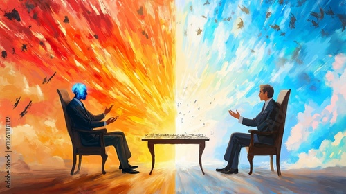 Strategic negotiation depicted through an illustration of two figures in suits, facing each other across a table, embodying opposing forces in a dynamic visual metaphor.