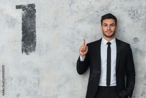 Young man in formal attire gesturing with a raised finger in modern interior ...
