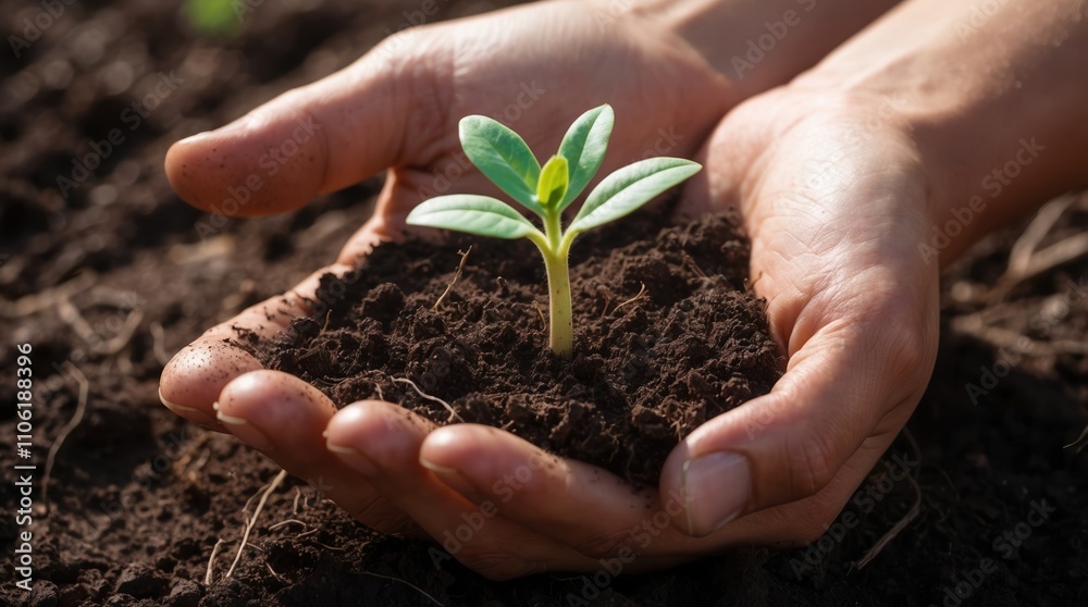Hands Cradling Soil and Sprout Hands Cradling Soil and Sprout