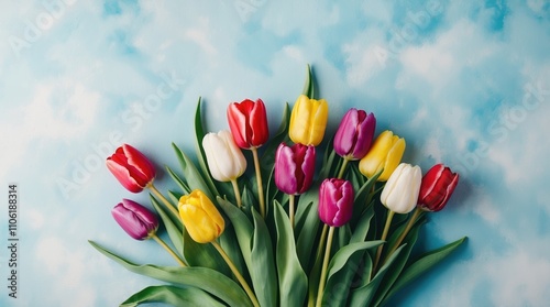 Vibrant tulip bouquet against blue sky