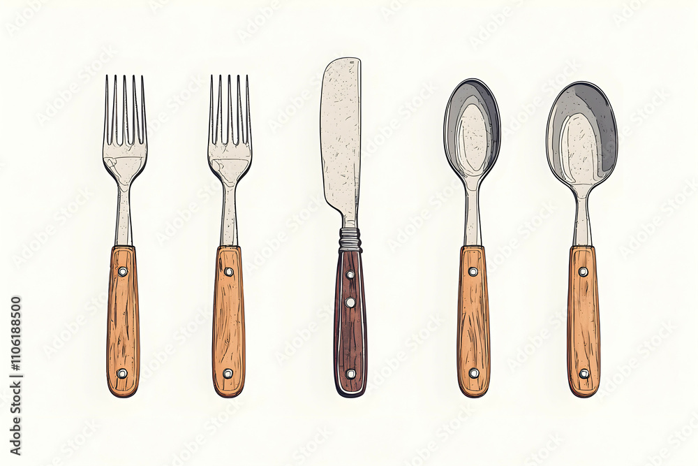 A Set of Cutlery Featuring a Fork, Knife, and Spoon with Wooden Handles for Stylish Dining and Culinary Presentation on a Light Background A Set of Cutlery Featuring a Fork, Knife, and Spoon with Wooden Handles for Stylish Dining and Culinary Presentation on a Light Background