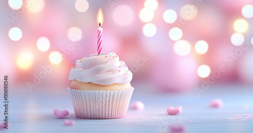 Delicate cupcake with a candle and sprinkles in a softly lit setting during a...