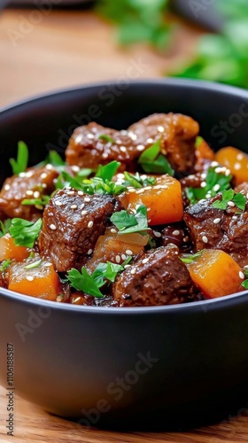 Delicious beef stew with vegetables served in a black bowl at a cozy kitchen ...
