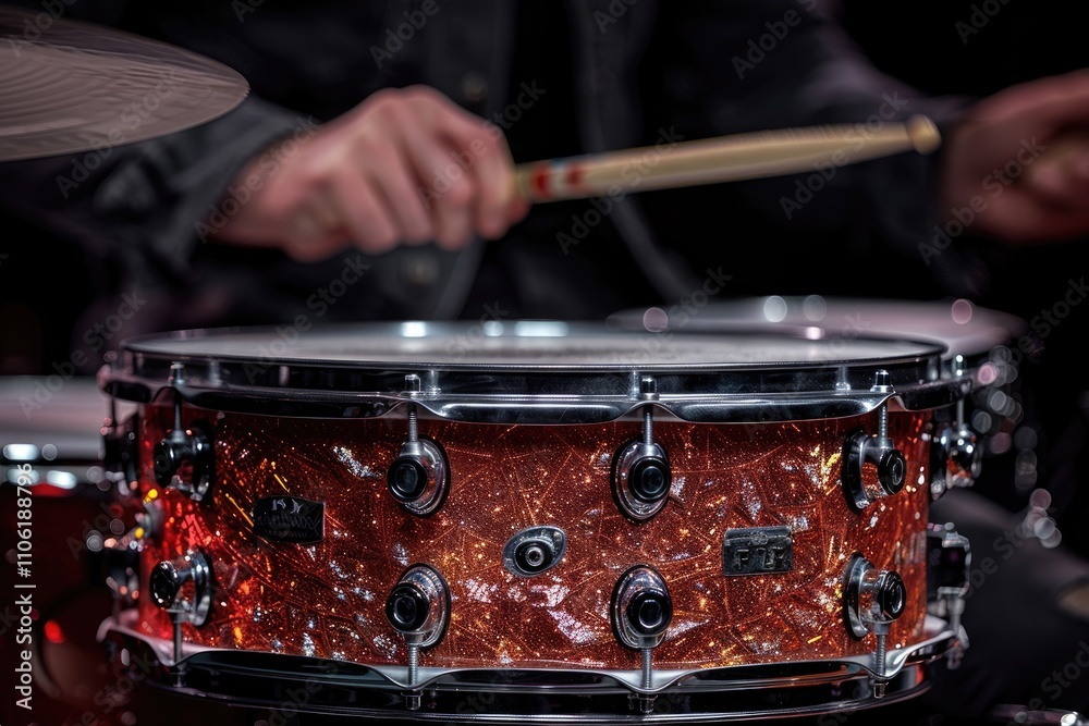 Close-up of a red sparkle snare drum with a drummer in the background. Close-up of a red sparkle snare drum with a drummer in the background.
