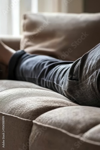 Person relaxing, legs up, couch, soft fabric, casual attire.