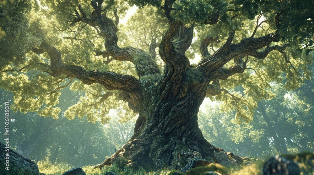 Ancient Majestic Tree Stands Tall In Sunlight Ancient Majestic Tree Stands Tall In Sunlight